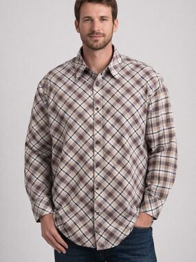 Perry Ellis Beige and Brown Plaid Long-Sleeve Button-Down Shirt 100% Cotton